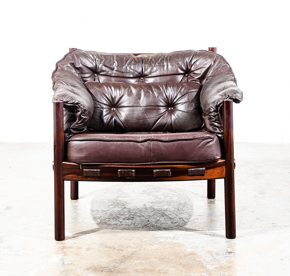 Mid Century Danish Modern Lounge Chair Brown Leather Arne Norell Teak Armchair Denmark - Image 3