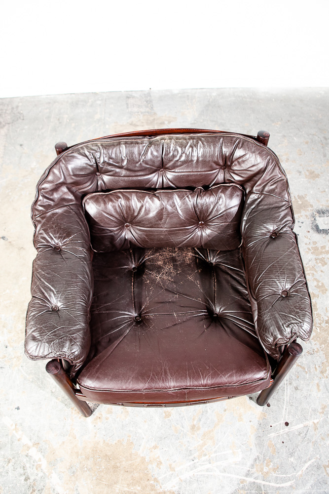 Mid Century Danish Modern Lounge Chair Brown Leather Arne Norell Teak Armchair Denmark - Image 6