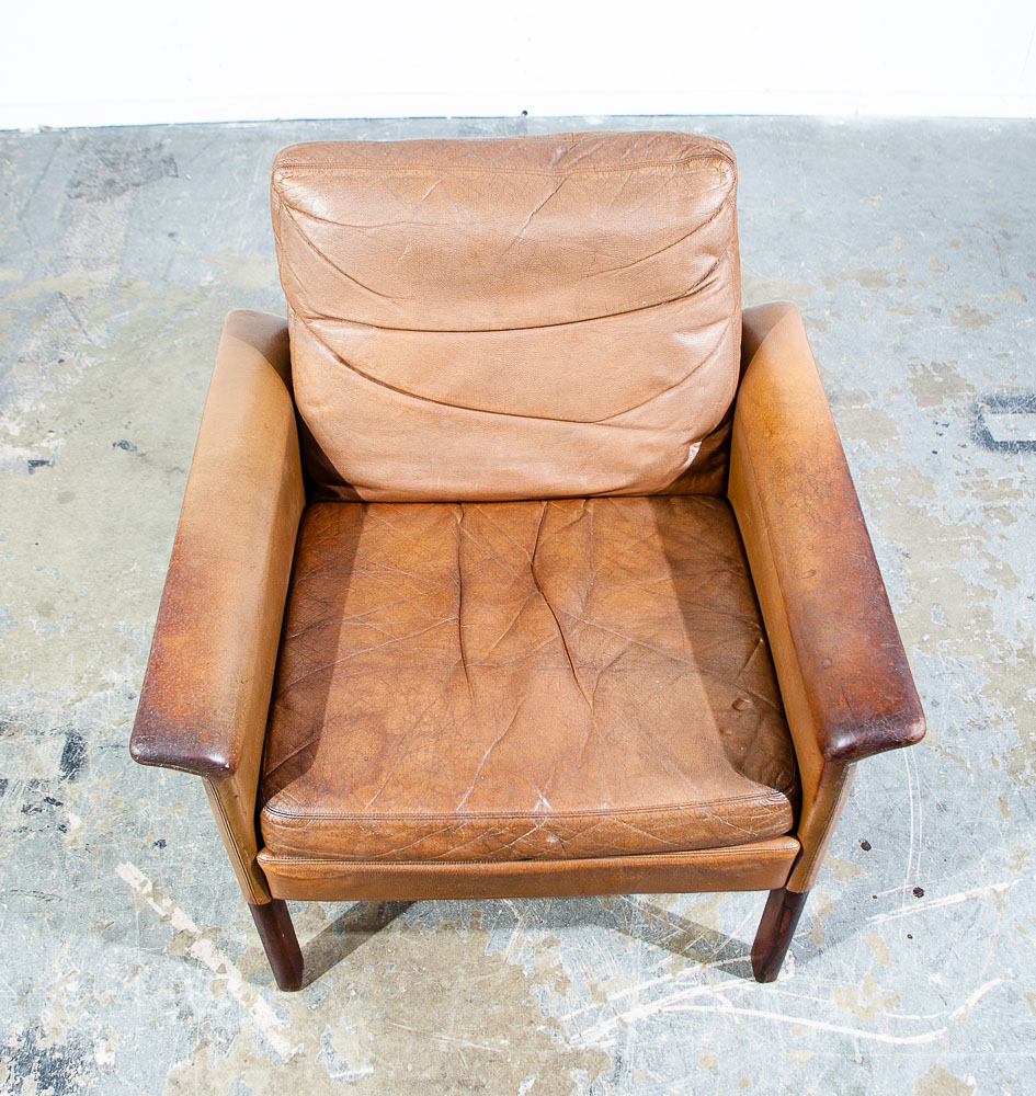 Mid Century Danish Modern Lounge Chair Leather Hans Olsen Black Arm Tan Glostrup - Image 4