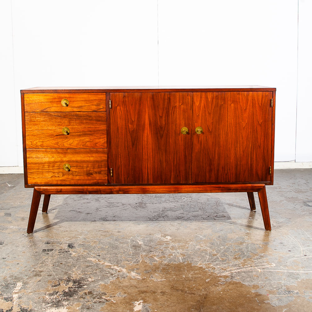 Mid Century Modern Credenza Sideboard Solid Walnut Media Brass Hardware Drawer Danish Denmark - Image 2