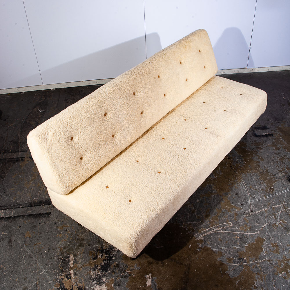 Mid Century Danish Modern Daybed Sofa Faux Lambskin Wool Wood White Denmark - Image 5