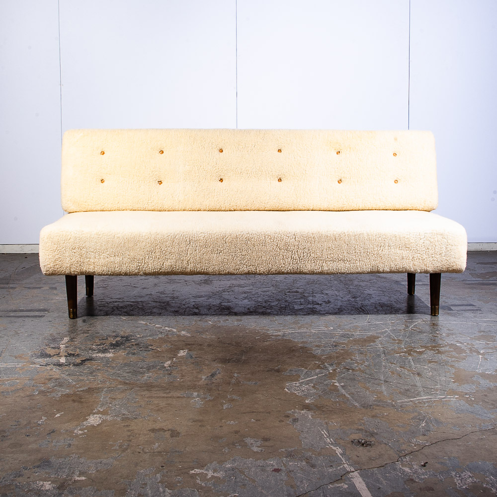 Mid Century Danish Modern Daybed Sofa Faux Lambskin Wool Wood White Denmark - Image 2