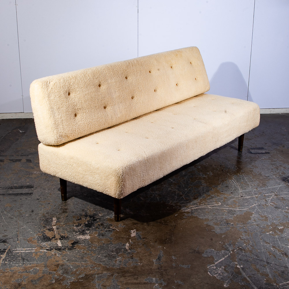 Mid Century Danish Modern Daybed Sofa Faux Lambskin Wool Wood White Denmark