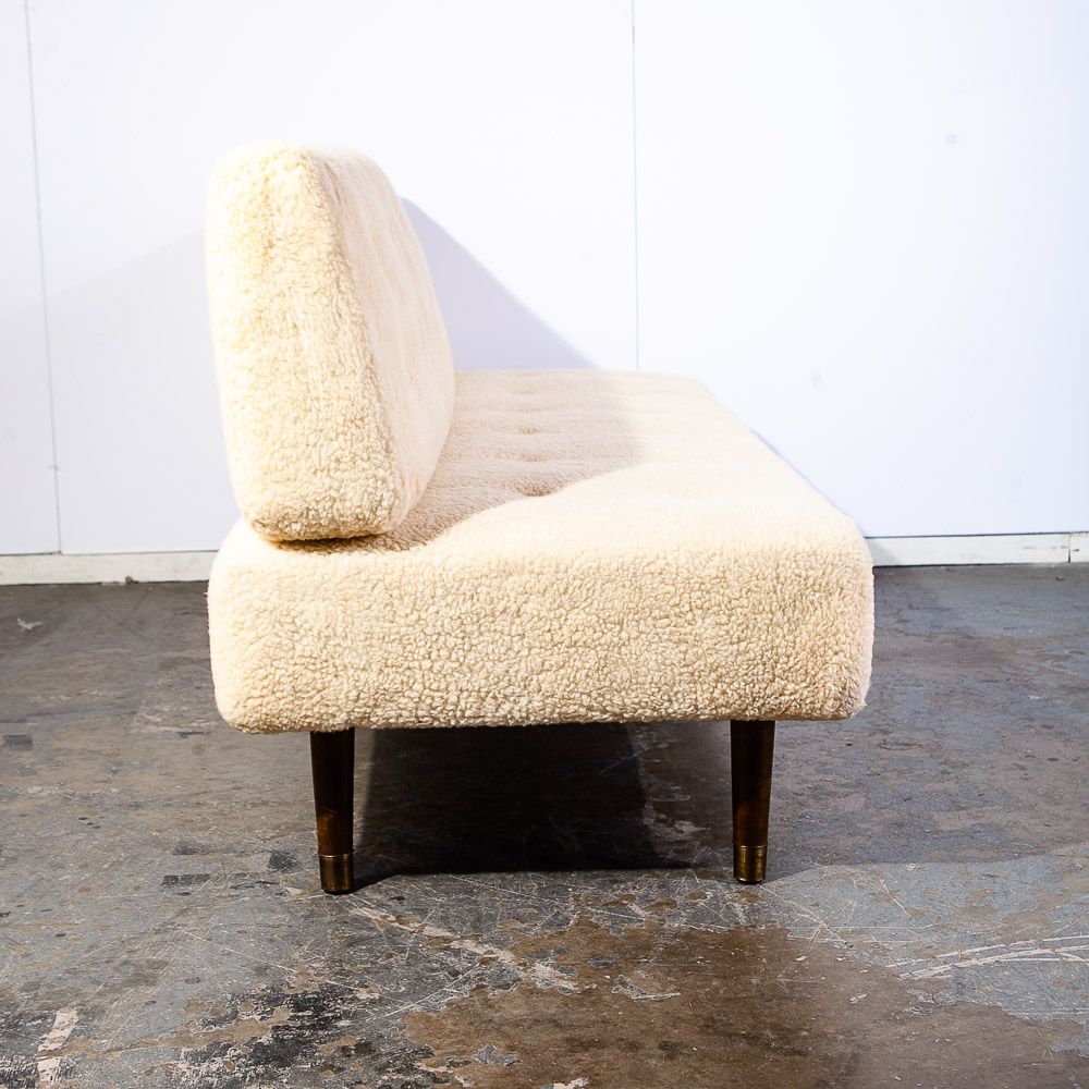 Mid Century Danish Modern Daybed Sofa Faux Lambskin Wool Wood White Denmark - Image 4