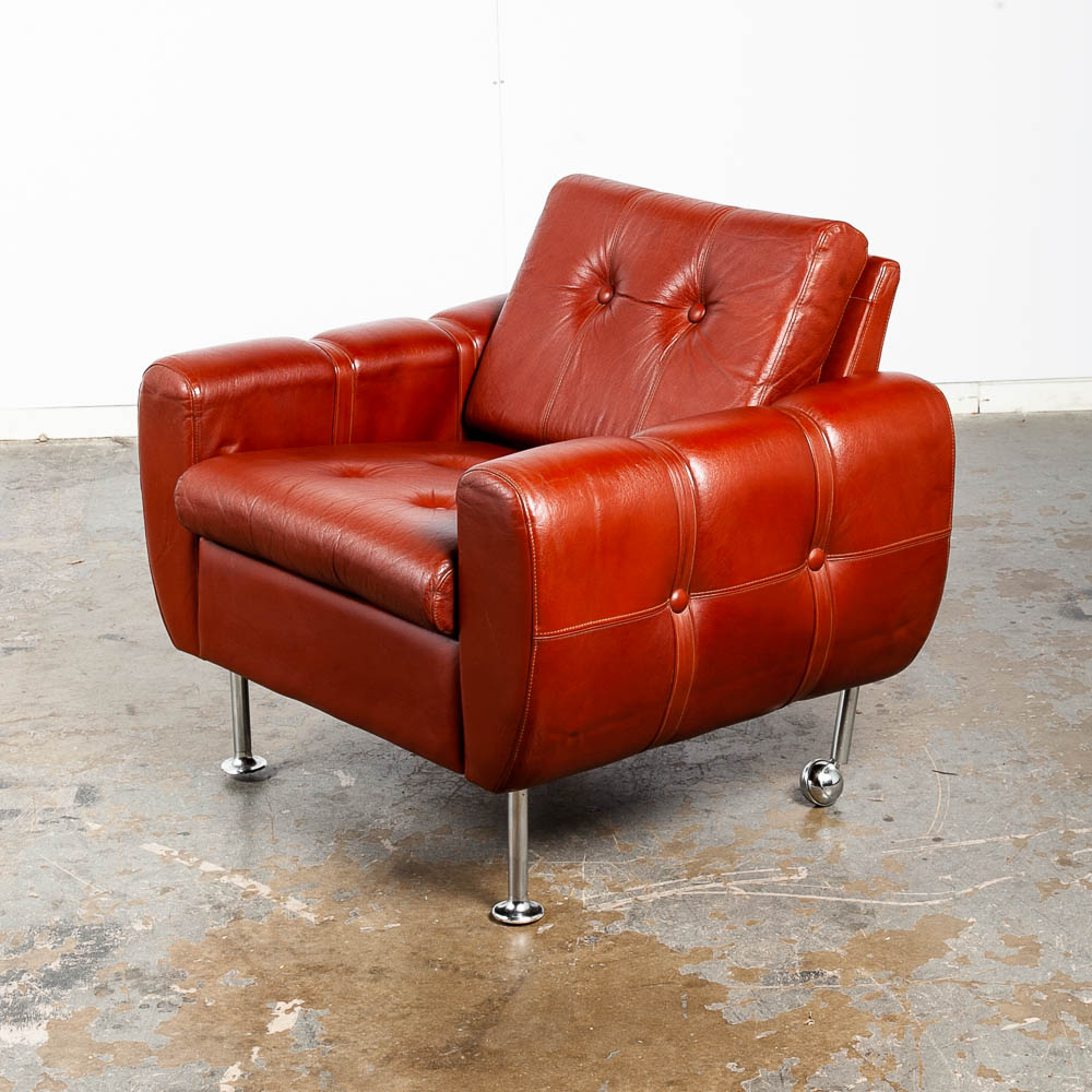Mid Century Danish Modern Lounge Chair Ox Blood Red Leather Armchair Recliner NM - Image 6