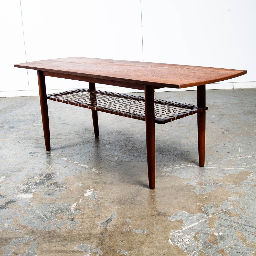 Mid Century Danish Modern Coffee Table Teak Wood Shelf Magazine Rack Shelf Cane - Image 3