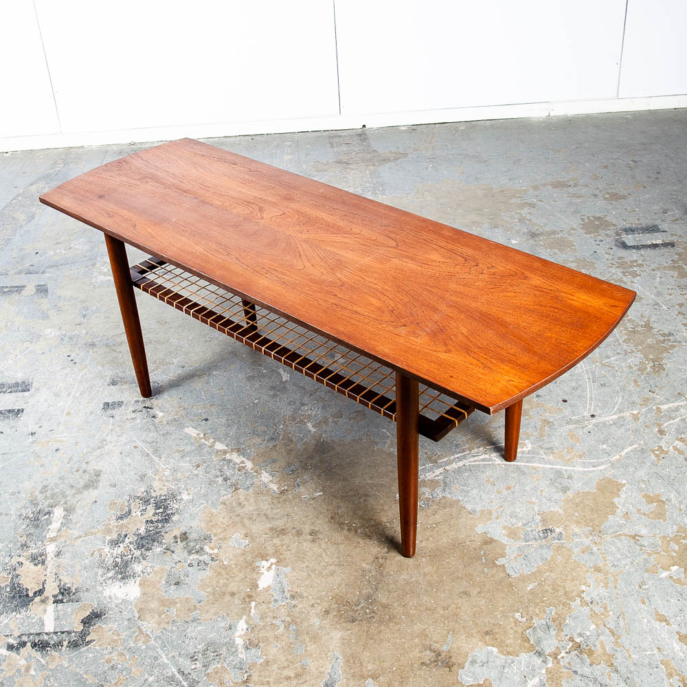 Mid Century Danish Modern Coffee Table Teak Wood Shelf Magazine Rack Shelf Cane - Image 2