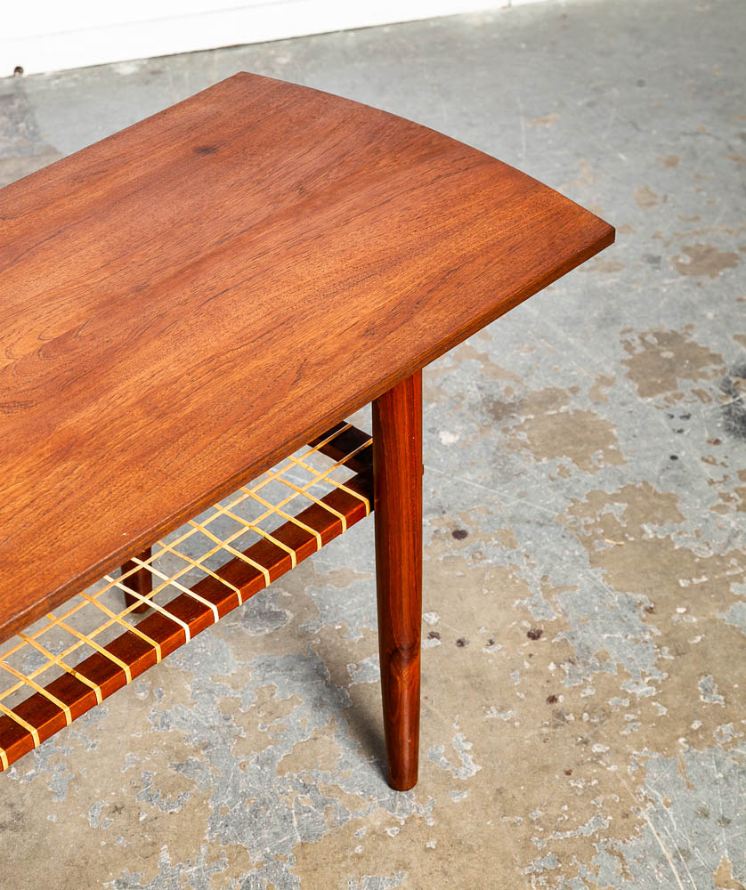Mid Century Danish Modern Coffee Table Teak Wood Shelf Magazine Rack Shelf Cane - Image 8