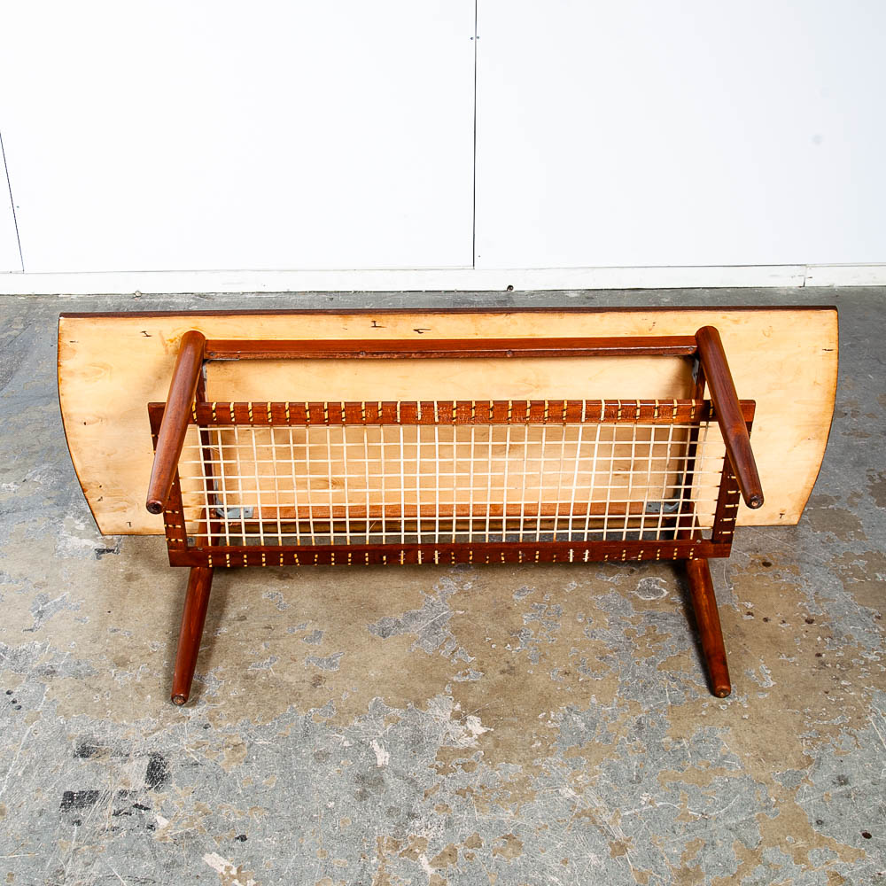 Mid Century Danish Modern Coffee Table Teak Wood Shelf Magazine Rack Shelf Cane - Image 9