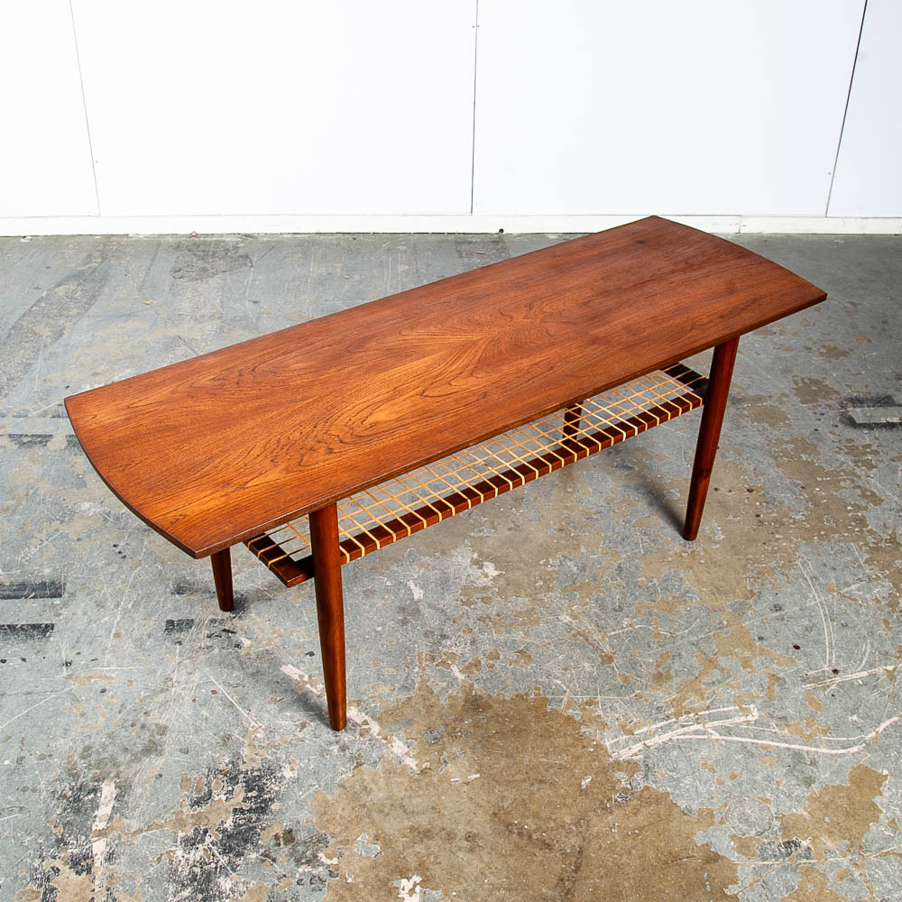 Mid Century Danish Modern Coffee Table Teak Wood Shelf Magazine Rack Shelf Cane - Image 5