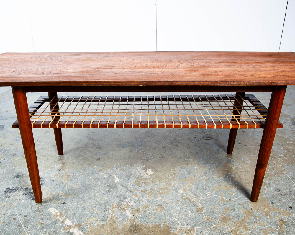 Mid Century Danish Modern Coffee Table Teak Wood Shelf Magazine Rack Shelf Cane - Image 7