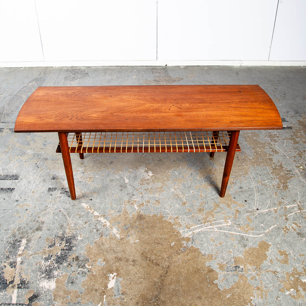 Mid Century Danish Modern Coffee Table Teak Wood Shelf Magazine Rack Shelf Cane