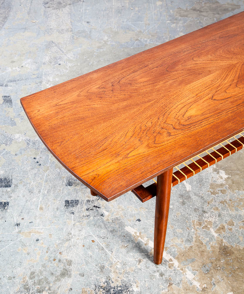 Mid Century Danish Modern Coffee Table Teak Wood Shelf Magazine Rack Shelf Cane - Image 10