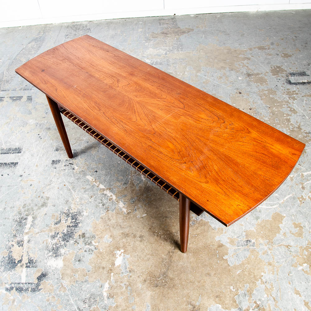 Mid Century Danish Modern Coffee Table Teak Wood Shelf Magazine Rack Shelf Cane - Image 4