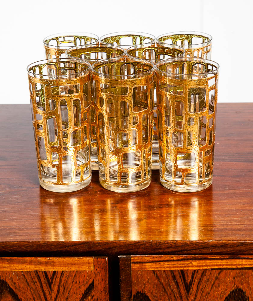 Mid Century Modern Highboy Glass Set of 8 highball Gold Mcm Barware Vintage Mint Condition