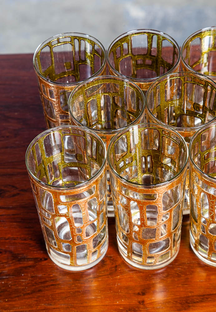 Mid Century Modern Highboy Glass Set of 8 highball Gold Mcm Barware Vintage Mint Condition - Image 8