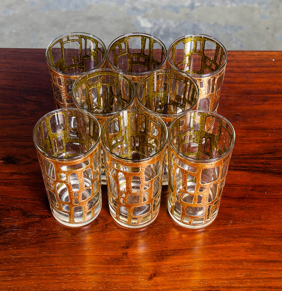 Mid Century Modern Highboy Glass Set of 8 highball Gold Mcm Barware Vintage Mint Condition - Image 7