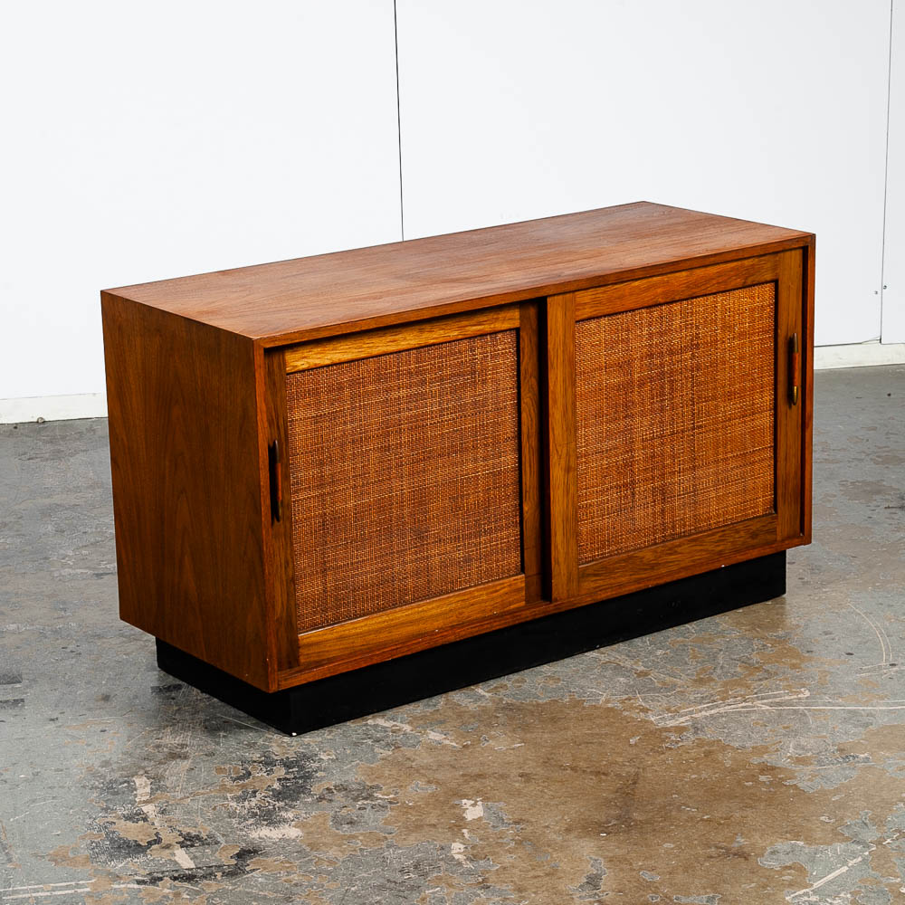 Mid Century Modern Credenza Media Cabinet Kalpe Walnut Sliding Door Compact Storage Mcm Vintage