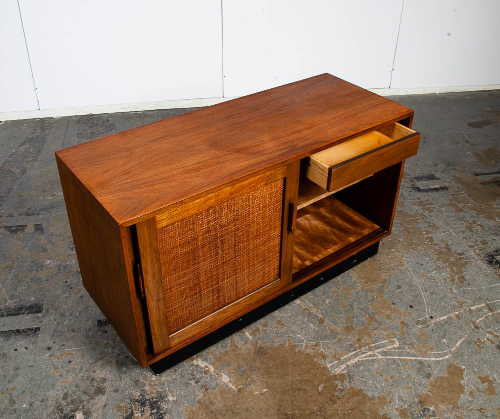 Mid Century Modern Credenza Media Cabinet Kalpe Walnut Sliding Door Compact Storage Mcm Vintage - Image 8
