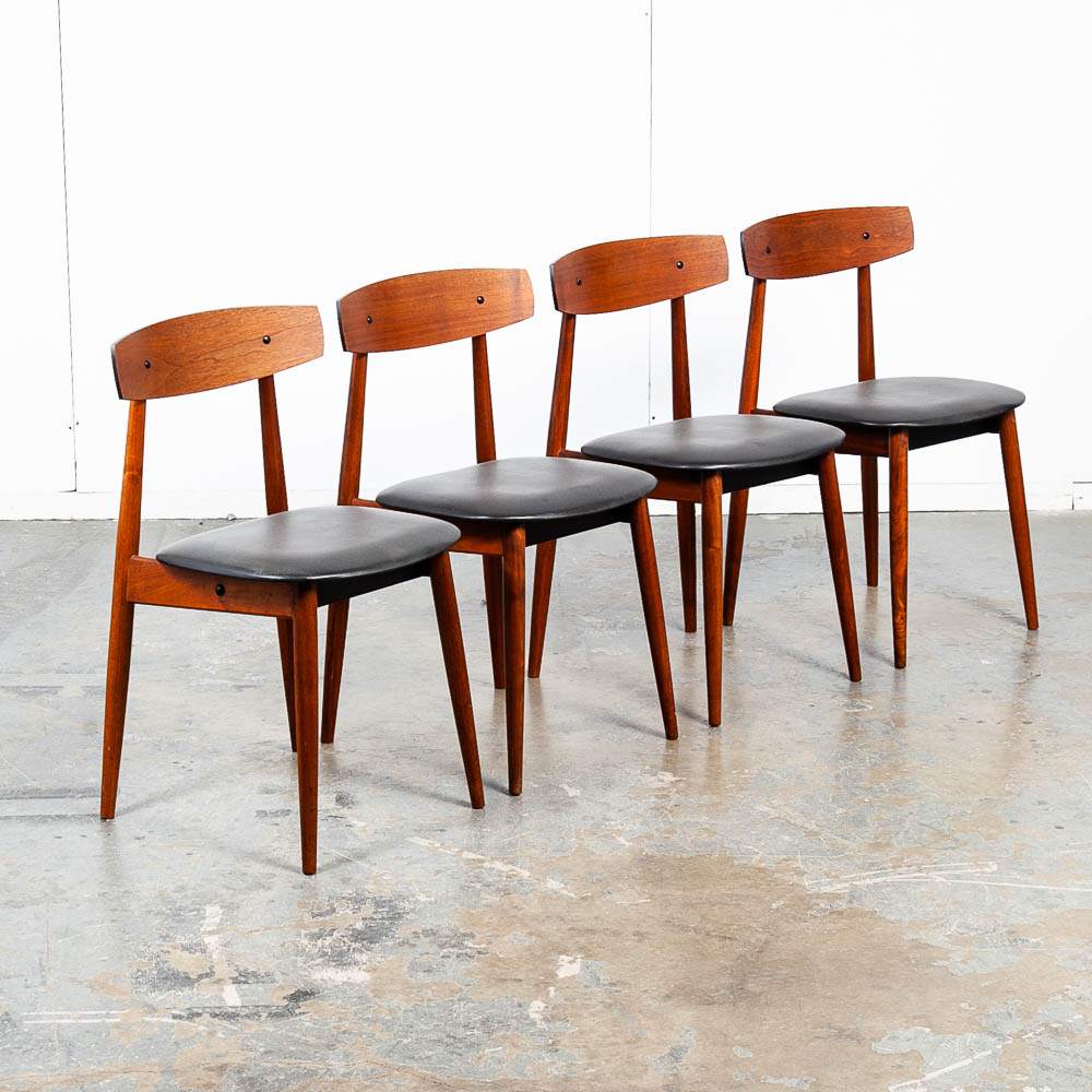 Mid Century Danish Modern Dining Chairs Black Leather Set 4 Teak Round Wood Mcm Vintage 1960s