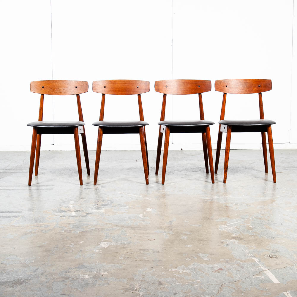 Mid Century Danish Modern Dining Chairs Black Leather Set 4 Teak Round Wood Mcm Vintage 1960s - Image 4