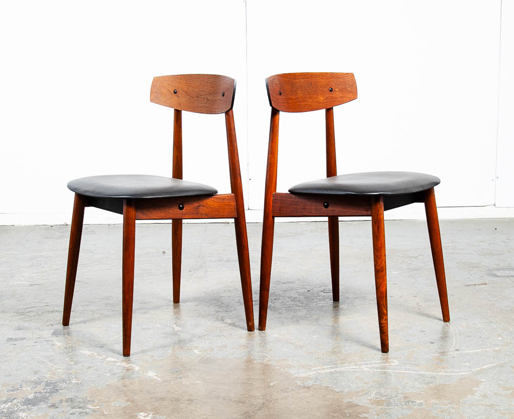 Mid Century Danish Modern Dining Chairs Black Leather Set 4 Teak Round Wood Mcm Vintage 1960s - Image 5
