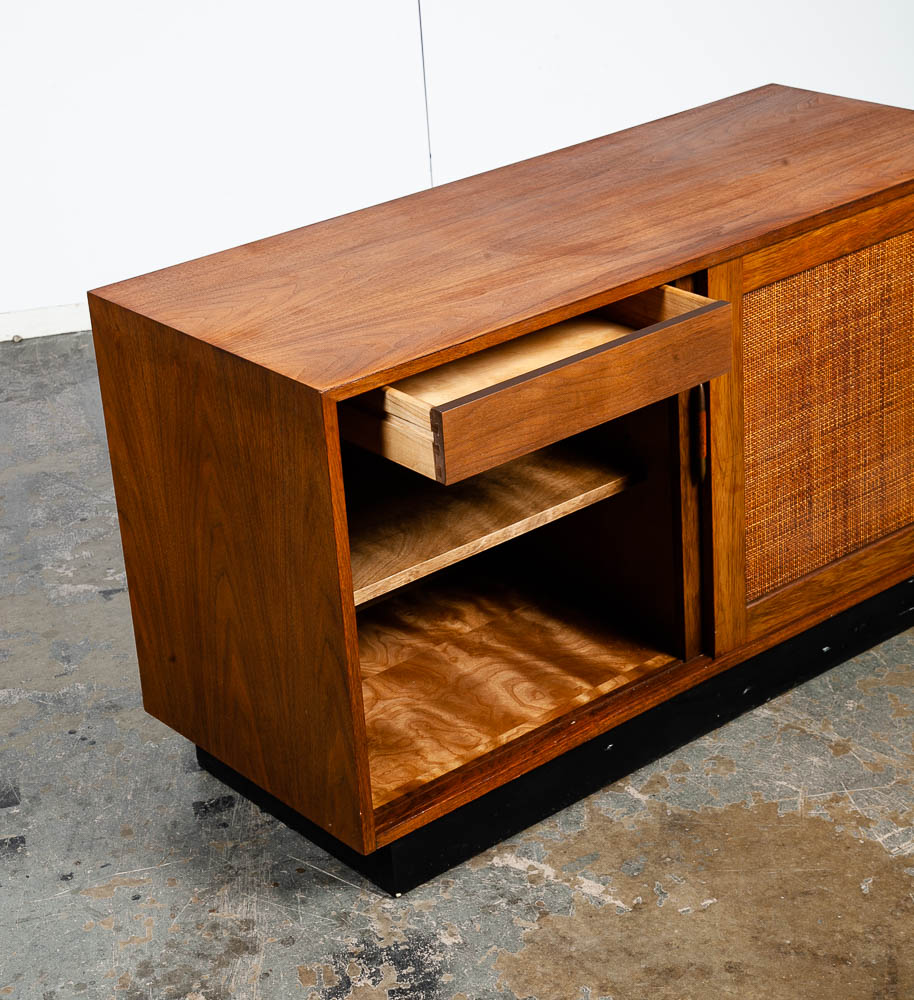 Mid Century Modern Credenza Media Cabinet Kalpe Walnut Sliding Door Compact Storage Mcm Vintage - Image 11