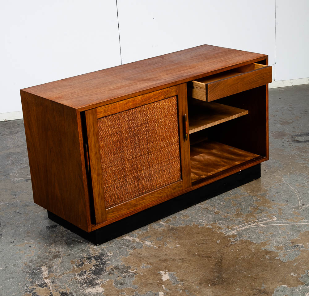 Mid Century Modern Credenza Media Cabinet Kalpe Walnut Sliding Door Compact Storage Mcm Vintage - Image 2