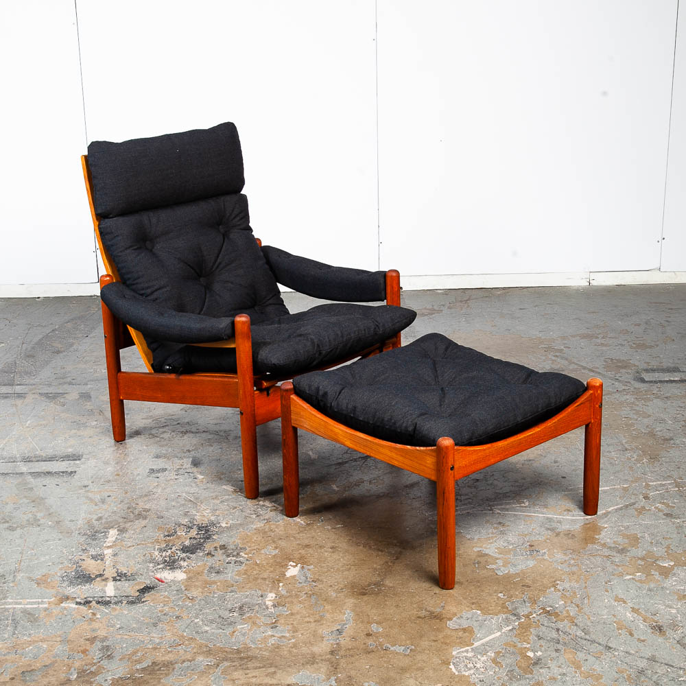 Mid Century Danish Modern Lounge Chair Teak Ottoman Black Recliner Arm Norway Fabric Vintage Restored - Image 6