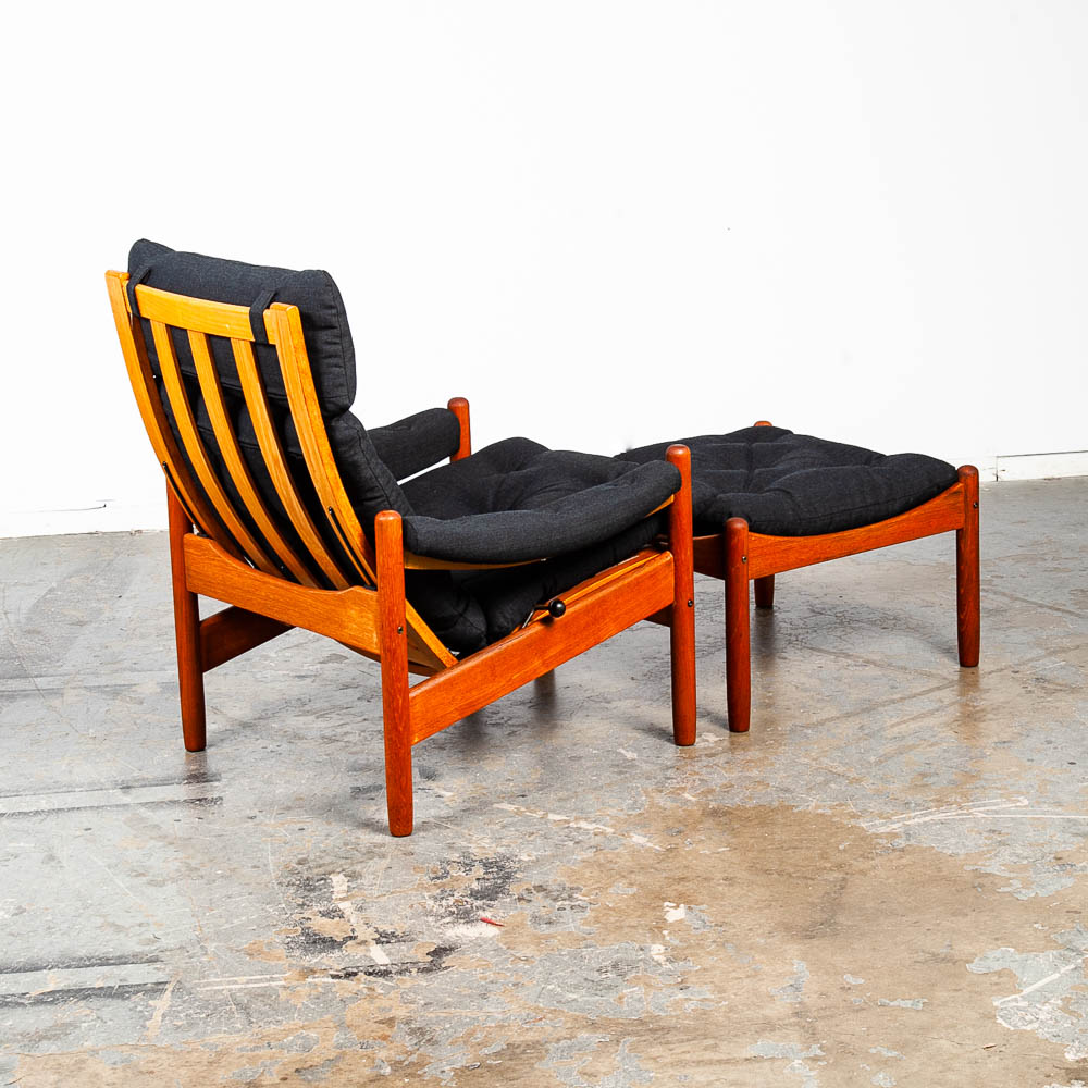 Mid Century Danish Modern Lounge Chair Teak Ottoman Black Recliner Arm Norway Fabric Vintage Restored - Image 3