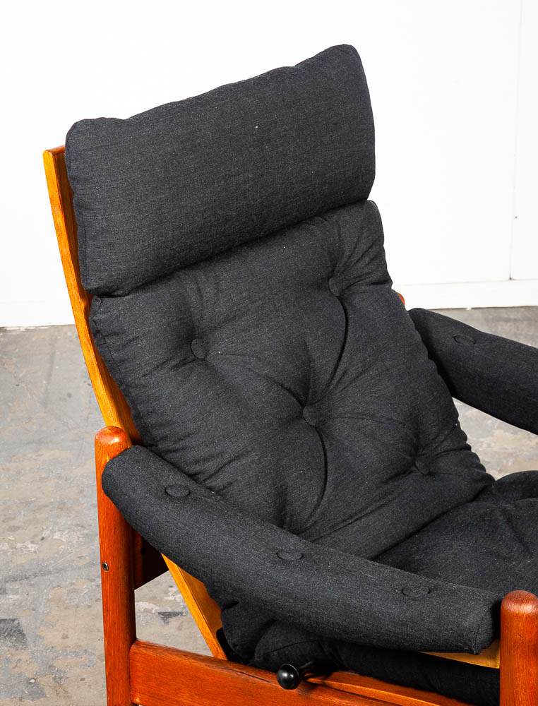 Mid Century Danish Modern Lounge Chair Teak Ottoman Black Recliner Arm Norway Fabric Vintage Restored - Image 9