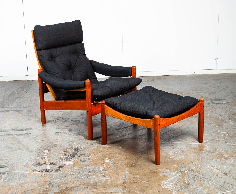 Mid Century Danish Modern Lounge Chair Teak Ottoman Black Recliner Arm Norway Fabric Vintage Restored