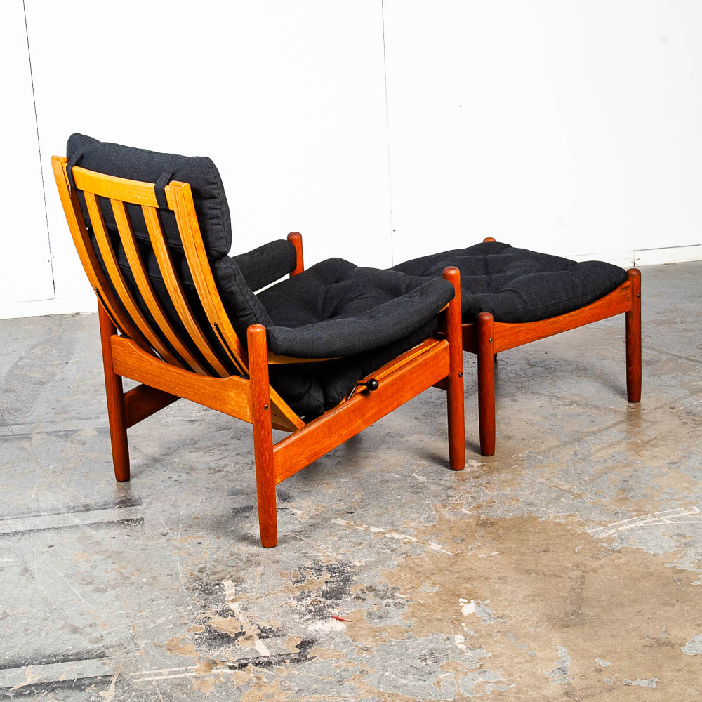 Mid Century Danish Modern Lounge Chair Teak Ottoman Black Recliner Arm Norway Fabric Vintage Restored - Image 7
