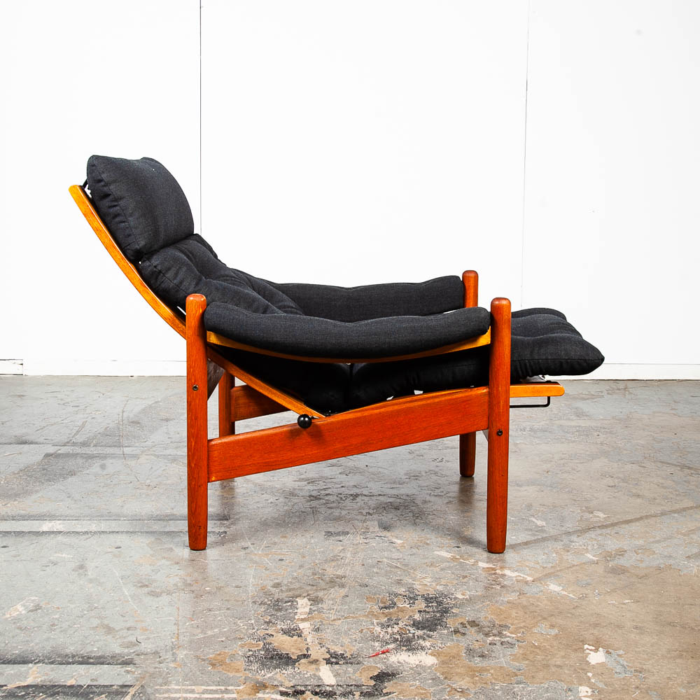 Mid Century Danish Modern Lounge Chair Teak Ottoman Black Recliner Arm Norway Fabric Vintage Restored - Image 5