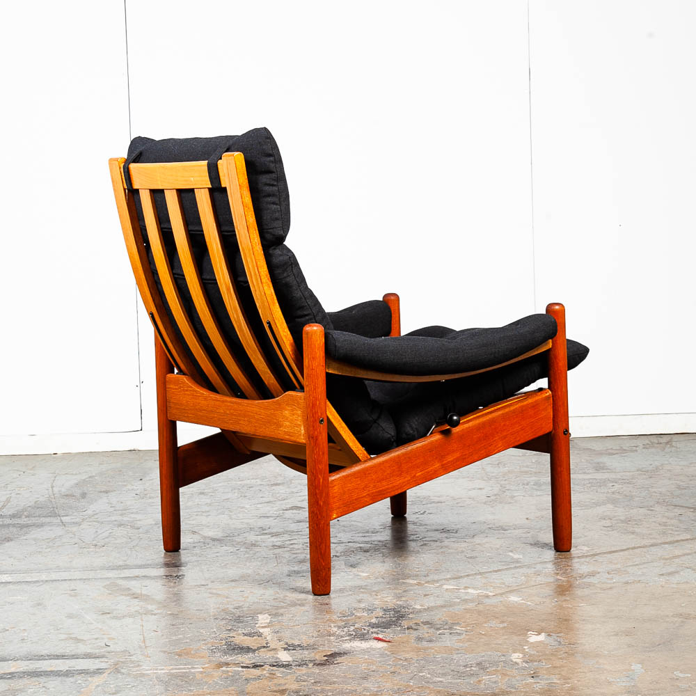 Mid Century Danish Modern Lounge Chair Teak Ottoman Black Recliner Arm Norway Fabric Vintage Restored - Image 8