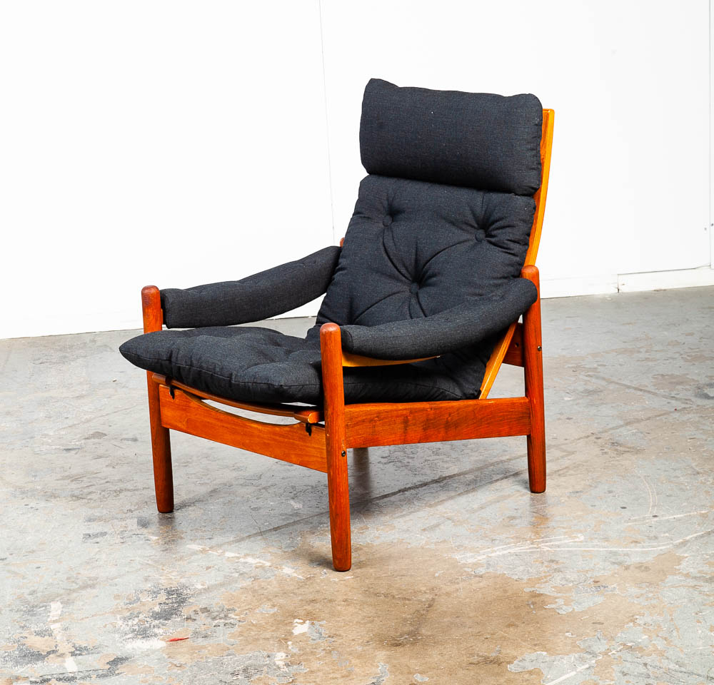 Mid Century Danish Modern Lounge Chair Teak Ottoman Black Recliner Arm Norway Fabric Vintage Restored - Image 4