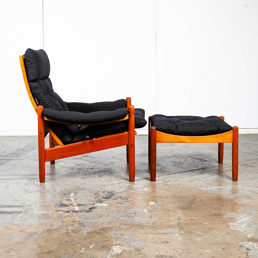 Mid Century Danish Modern Lounge Chair Teak Ottoman Black Recliner Arm Norway Fabric Vintage Restored - Image 2