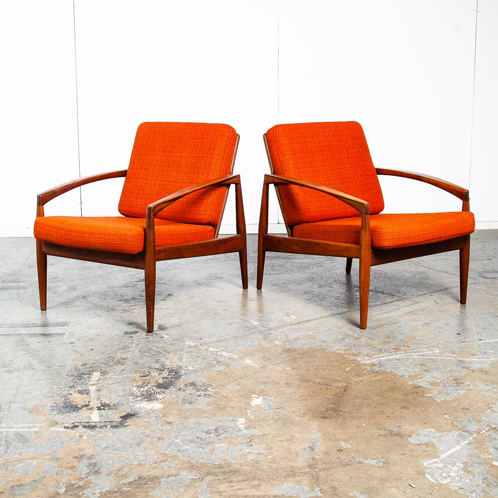 Mid Century Danish Modern Lounge Chairs Set of 2 Kai Kristiansen Magnus Olesen Paper Knife Teak Brown Vintage