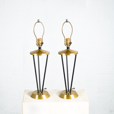 Mid Century Modern Lamp Set Table Light lighting Black Brass Pair Set Round Gold