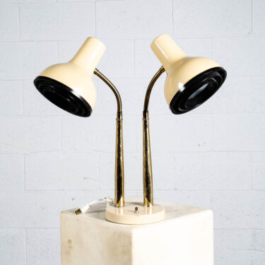 Mid Century Modern Table Lamp Brass Shade 2 Light Goose Neck Desk Tan Black Mcm