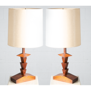 Mid Century Modern Lamp Set Table Light lighting Teak Geometrical Pair Two Mcm