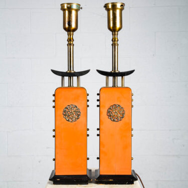 Mid Century Modern Table Lamp Set Pair Rembrandt Light Lighting Brass Pink Gold