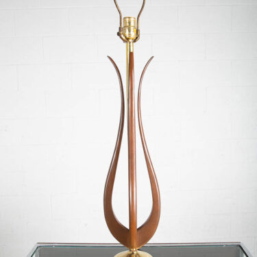 Mid Century Modern Table Lamp Walnut Wood Brass Gold Round Light Sculptural Mcm