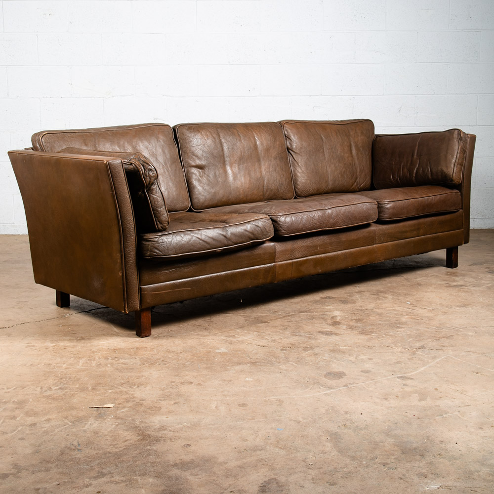 Mid Century Danish Modern Sofa Couch Dark Brown Leather Stouby 3 Seat Denmark VG