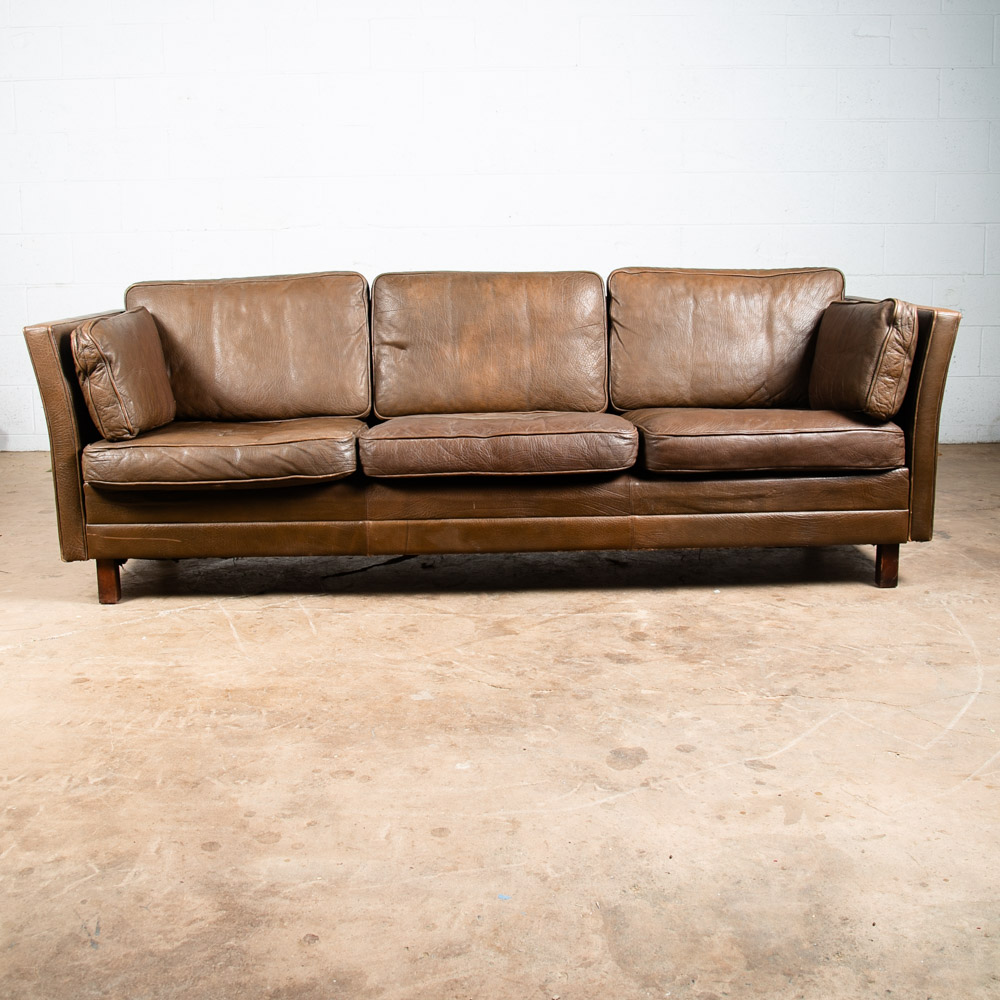 Mid Century Danish Modern Sofa Couch Dark Brown Leather Stouby 3 Seat Denmark VG - Image 2