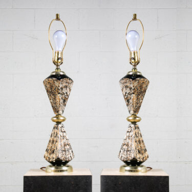 Mid Century Modern Table Lamp Set Pair Black White Gold Light Lighting Brass Mcm