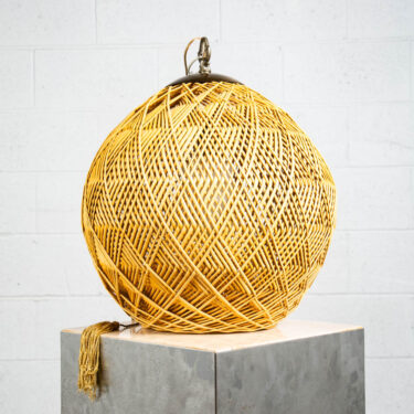 Mid Century Danish Modern Pendant Lamp Light Hanging Tan Wicker Woven Pull Chain
