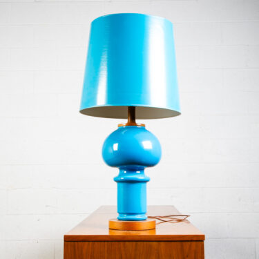 Mid Century Modern Table Lamp Art Glass Holmegaard Studio Blue Walnut Round Mcm
