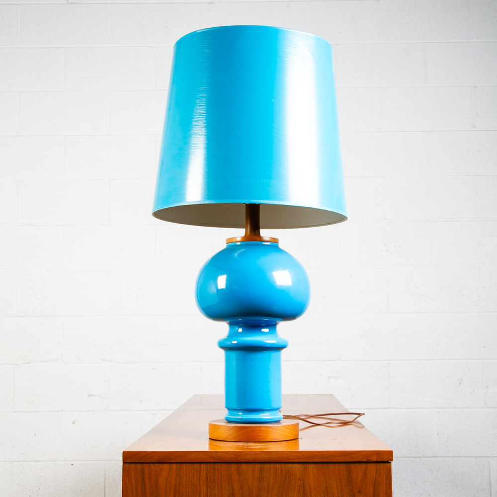 Mid Century Modern Table Lamp Art Glass Holmegaard Studio Blue Walnut Round Mcm