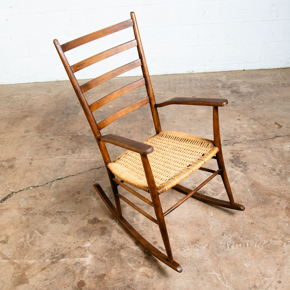 Mid Century Modern Rocking Chair Wood Brown Rocker Paper Wrapped Vintage - Image 2